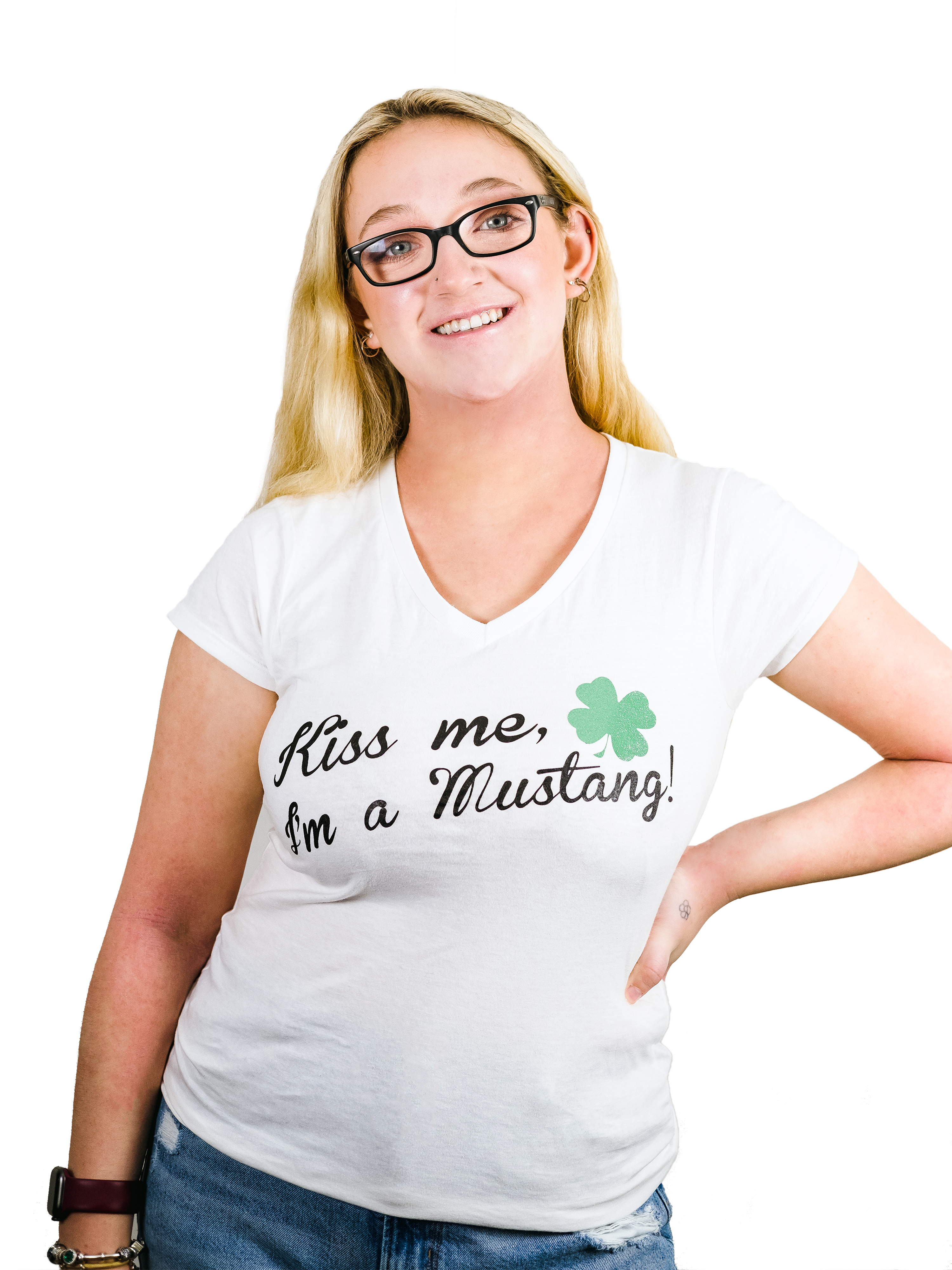 LADIES' WHITE "KISS ME, I'M A MUSTANG" TEE